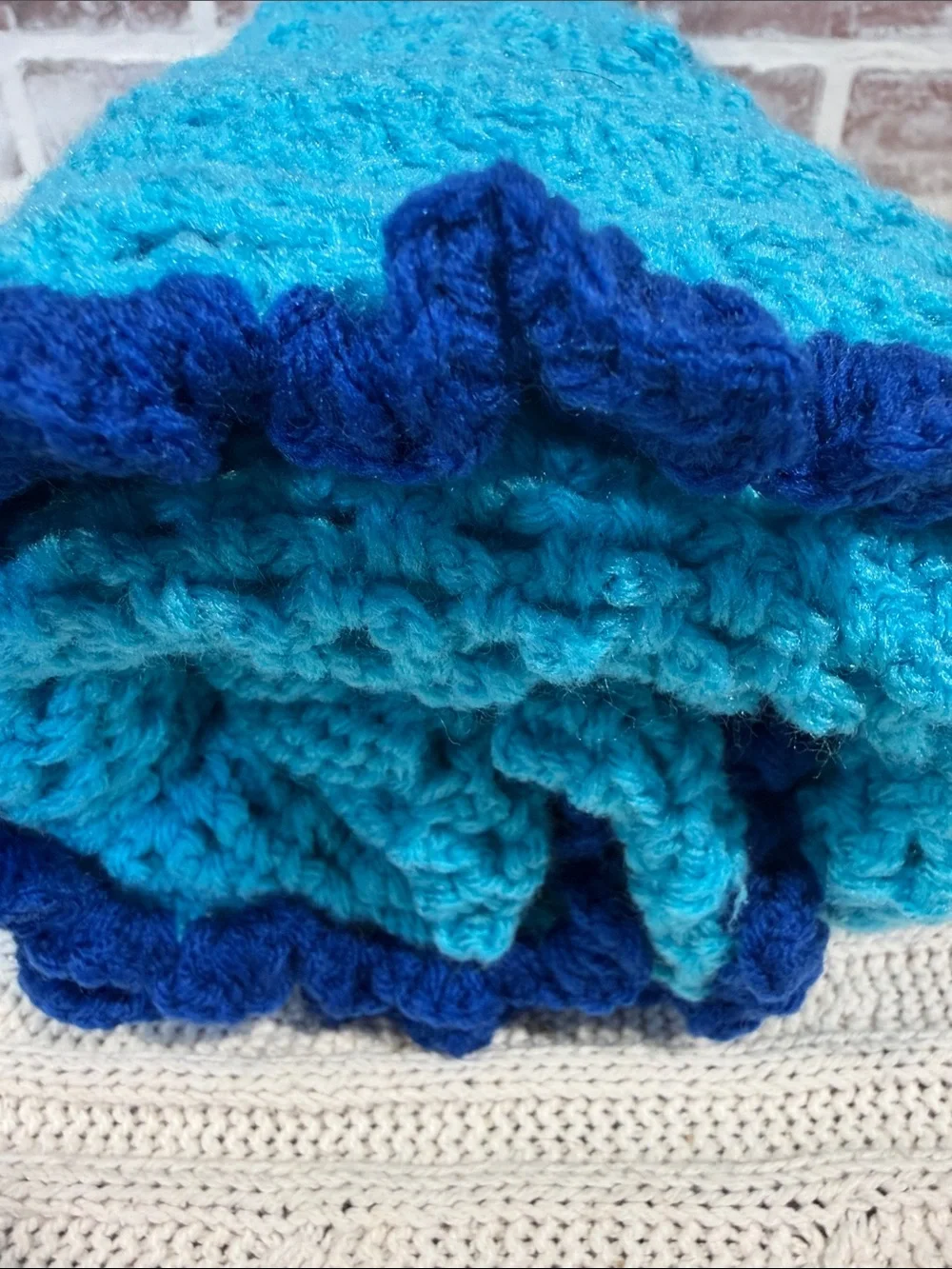 Handmade Baby Turquoise Crochet blanket with Navy ruffle Trim